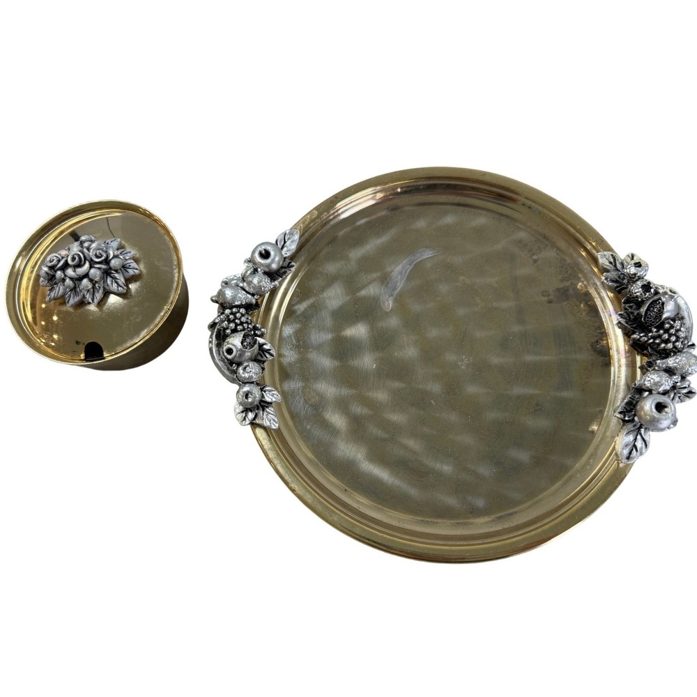 Vintage Brass Serving Tray and Lidded Jar Set Silver Tone Fruit Floral Accents